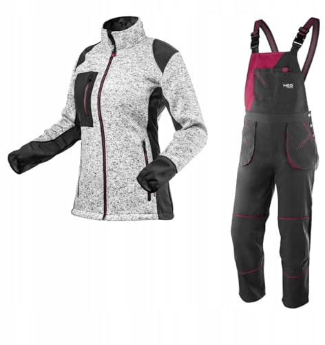 NEO TOOLS Damen Arbeitslatzhose + Fleece-Arbeitsjacke mit Softshell (Set) Gr. S - XXL | modisches Design, Damen Arbeithose mit elastischen Träger, Veile Taschen, verstärkte Warme Jacke