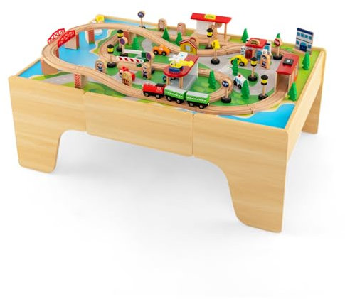 GOPLUS Table Circuit de Train Enfant en Bois, 84Pcs Train Bois Jouet avec Plateau Réversible&Amovible, Tiroir，Rails, Figurines, Voitures,pour Garçons et Filles 3 Ans+ (84 Pcs)