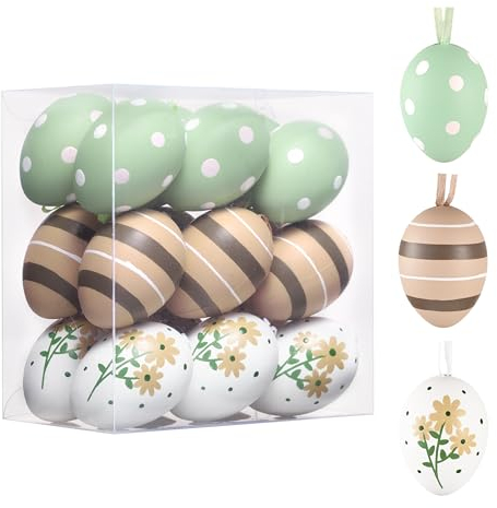 Valery Madelyn 18er Ostereier zum Aufhängen für Osterdeko,5cm Nature Ostereier Plastik für Ostern Deko,Braun Grün Ornament für Osterkörbchen Frühlingsdeko,Ostern Geschenke Kinder