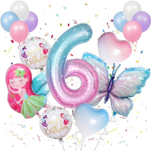 16 Stück 6 Jahre Bunt Schmetterling Luftballons Geburtstag Mädchen Schmetterlinge Folienballon Geburtstagsdeko Feen mit Band für Themen Party Festival Party Dekoration