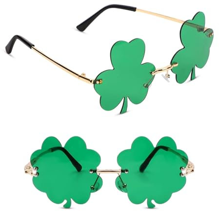 lasuroa 2 Paar St. Patrick's Day Sonnenbrille, Randlos Grüne Kleeblatt Sonnenbrille und Vierblättrige Kleeblatt Brille Kleeblatt Brille für Accessoires zum St. Patrick's Day Kobold Kostümdekoration