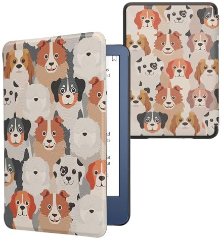 kwmobile Schutzhülle für Amazon Kindle (2022/2024) Hülle - eReader Flip Case mit Auto Sleep Funktion - Viele Hunde mit Weiß Hellbraun Grau