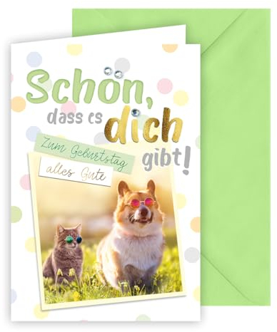 KE - Geburtstagskarte für Männer und Frauen, Glückwunschkarte, inkl. Umschlag, DIN B6 Format, hellgrün, Motiv: Schön das es dich gibt/Hund+Katze