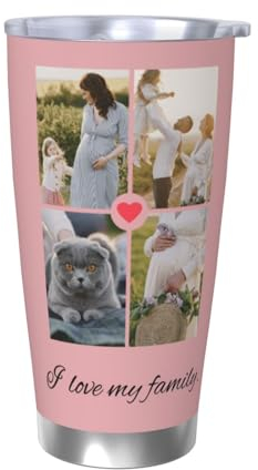 Mositoni Vaso de fotos personalizado • Taza de café de viaje personalizada con texto de imagen • Capacidad de 20 onzas • Acero inoxidable 314 • Regalo para mamá, papá, familia y amigo (4 fotos)