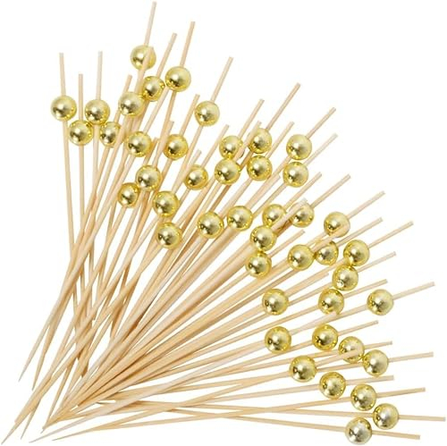 ALINK 200 Stück Cocktailspieße Naturholzspieße mit Gold Acrylperle Holz Zahnstocher Cocktailsticks, Cocktail Pick,Food Sticks für Bar Party, Grillen Snacks, Obst-Spieß, Antipasti(12cm)(Gold)