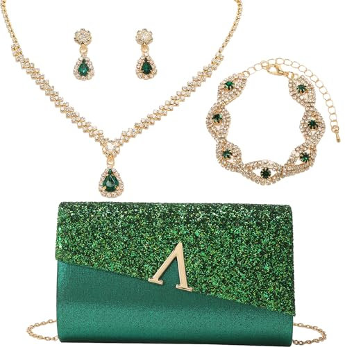 OUAYEMEL Glitzer Abend-Clutch für Damen, Glitzernde Handtasche für Hochzeiten und Bälle, 4-teiliges Strass-Schmuckset Grün