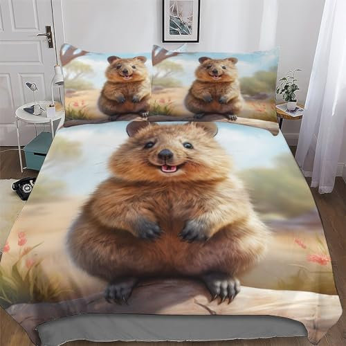 PAZZK Quokka Bettwäsche Premium Atmungsaktive Angenehme Bettbezüge, Mit Reißverschluss Für Jungen Mädchen Bettdeckenbezug, 2teilig Bettbezug + Kissenbezug Single (135x200cm)