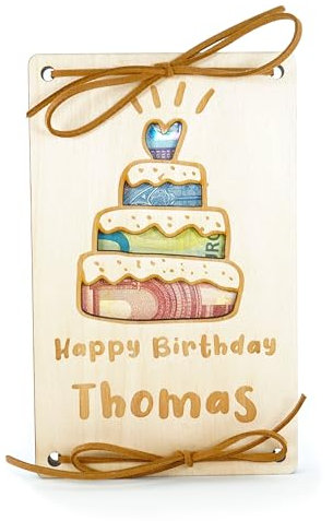 Gravuleo - Geldgeschenk Geburtstag personalisiert mit Name, Geburtstagskarte, Grußkarte, Holz graviert