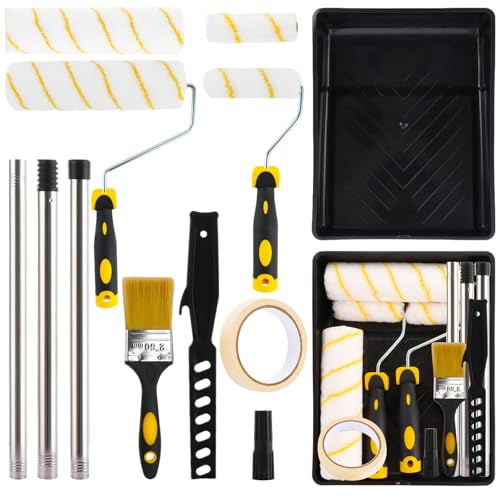 MUXHEL 14PCS Paint Roller Set, 4+9 inch Paint Roller Sets for Painting, Paint Rollers and Trays Sets with Extension Pole, Paint Mixer, 4 Roller Sleeve, Masking Tape & Paint Brush for Painting Walls