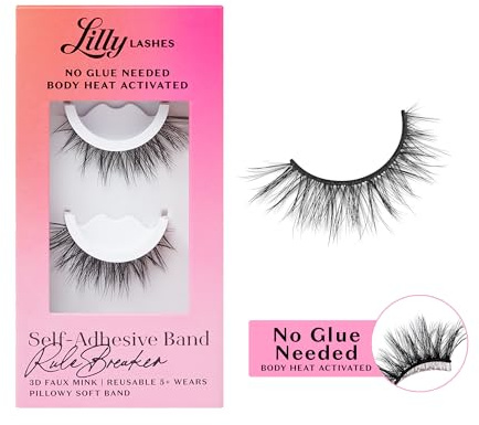Lilly Lashes Self Adhesive 3D Eyelashes, No Glue Required, Body Heat Activated, Reusable Up to 5 Times, Easy To Apply, Natural Look, Black, Faux Mink, Self Adhesive, Pair