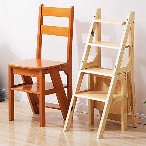 Escabeau pliable en bois massif pour bibliotheque, chaise, escabeau à double usage, 4 marches, support pour fleurs, marron, 46 x 35 x 90 cm