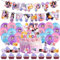 Kitimi 32pcs Anime Cartoon Theme Birthday Party Decorations, Balloons, Banners, Cupcake & Cake Toppers in Purple