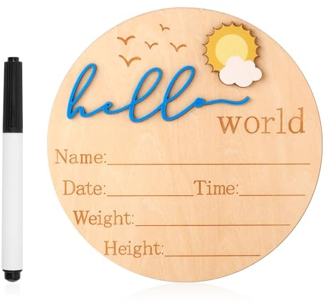 Baby Announcement Sign, 5.83 Inch Wooden Hello World Newborn Sign Cute Welcome Birth Name Plaques Board for Girl Boy Baby Shower Hospital Nursery Photo Prop (Blue)