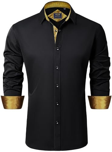 J.VER Men's Dress Shirts Long Sleeve Stretch Business Regular Fit Wedding Work Non Iron Button Down Tops M Black Gold