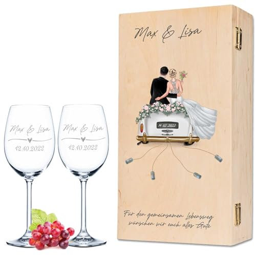 GRAVURZEILE Leonardo Weingläser mit Gravur - Hochzeitsauto & Wedding Love Daily inkl. Holzkiste - Personalisiertes Hochzeitsgeschenk für Brautpaar - Geschenk zur Hochzeit, Verlobung oder Jahrestag