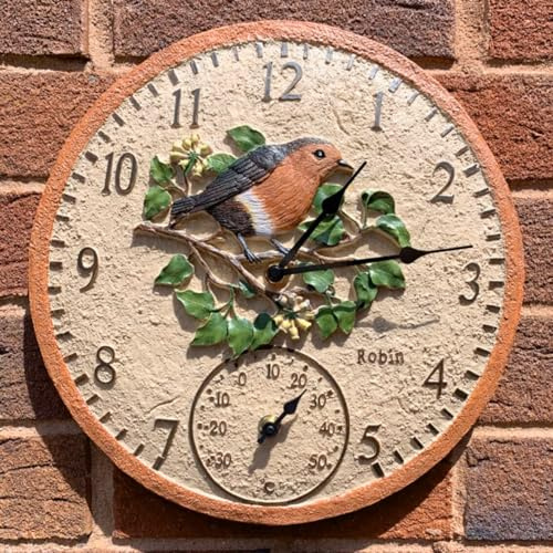 Garden Mile 30 cm Rotkehlchen-Gartenuhren für den Außenbereich, wasserdicht, mit Thermometer für Garten, analoge Außenuhren für Garten, wetterfest, Außenuhren für Küche, Wohnzimmer und Terrasse