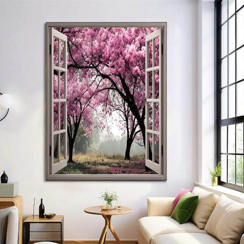 ALTCIRNMD Bilder Deko Wandbildm,Rosa Fensterkirschbaum Poster Wanddeko Room Decor Wand,Einfache Landschaft Dekorative Gemälde Leinwand Zimmer Inneneinrichtung Rahmenlos 50X70Cm