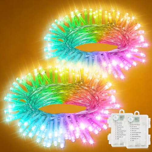 Electight Bunt Lichterkette Außen Batterie, 2x5M 100 LED, mit Timer &8 Modi | Wasserdicht Lichterkette Outdoor Batterie für Außen Innen Garten, Balkon, Weihnachten, Halloween, Party