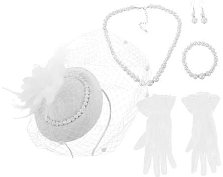 Abaodam Women's Tea Party Vintage Fascinators Hat Lace Gloves and Pearl Necklace Earrings for Wedding Cocktail Party Outfits