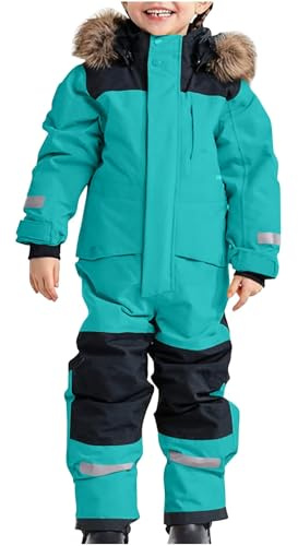 Unisex Kinder Winddicht Skianzug mit Kapuze Schneeanzug Wasserdicht Atmungsaktiv Winteranzug Verdickt Warm Schneeoverall Einteiliges Design Daunenjacke Skifahren Skijacke