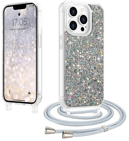 LCHULLE Crossbody Lanyard Case for iphone 13 Pro with Strap, Silver | Adjustable Removable Neck Strap, Sparkle Glitter Phone Cover for Women, Clear TPU Bumper, Shockproof Drop Protection