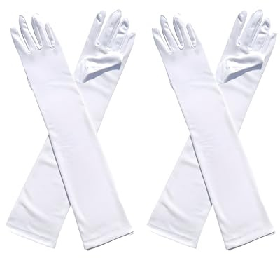 2 Paar Handschuhe Lang, Damen Handschuhe Weiß Lang LangeHandschuhe Elegant Seidenhandschuhe Satin Classic Abendhandschuhe für Halloweenkarneval Party Ball Opera Abschlussfeiern Hochzeiten(Weiß)