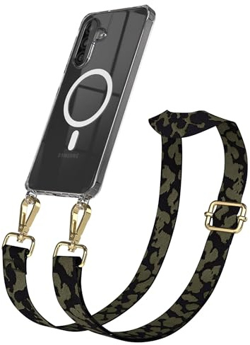 EAZY CASE Handykette - Verstellbares Taschenband kompatibel mit Galaxy A26, Schulterriemen, Handykordel mit Silikon Hülle, Qi Charging kompatibel, Umhängetasche, Dunkelgrün Camouflage Gold