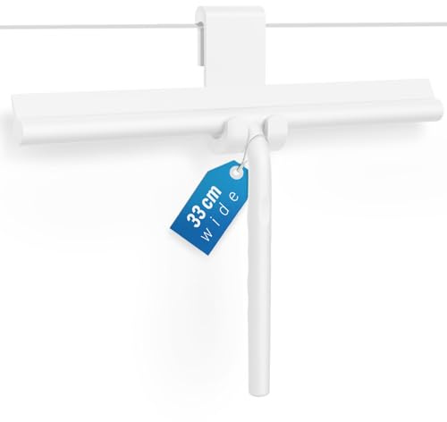 ecooe 33cm Silikon Duschabzieher Weiß mit Halter, ohne Bohren | Extra breiter 33cm Glasabzieher & Abzieher für Dusche & Badezimmer, Mit Edelstahlkern für Glas, Spiegel & Fliesen