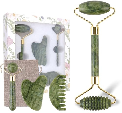 Maitawa Gua Sha Stein Set 4-teilig aus Naturjade,Beauty Massager | Gua Sha Board, Massagekamm & Kugelmassager, Gesichtsmassage Skincare Routine, Geschenk für Frauen