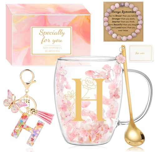 MOTONG Birthday Gifts for Women Glass Coffee Mug, Double Wall Espresso Tea Cups with Letter H Printing, Personalised Gifts for Women Ladies Christmas Valentine's Day Mother's Day with Spoon Bracelet