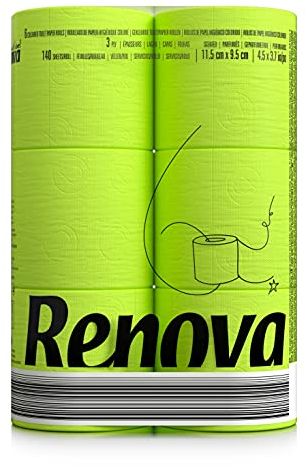 Renova 6 Pack Green Toilet Paper Green Luxurious Soft and Absorbent Bathroom Tissue – 6 Roll Pack with 140 Sheets Per Roll, Dermatologically Tested, Colorfast Design, Premium Quality Virgin Pulp