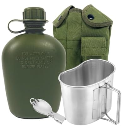 BeGrit Juego de Cantimplora Militar con Tazo aluminio y Funda Kit de Cantimplora Campamento con Capacidad 1 Litros Cantina Militar Botella de Campo para Supervivencia Camping Senderismo Mochila, Oliva