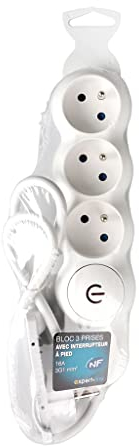 Expert Line - Bloc 3 Prises Design avec Interrupteur - 16A - 3G1mm² - Couleur: Blanc - Prise Murale Plate - Interrupteur à Pied - Bouton Lumineux (1 LED) - 250V - Longueur câble: 0.85m