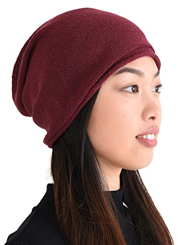 CHARM Seide Slouch Beanie Strickmütze - Groß Chemo Kopfbedeckung Locken Haare Burgund