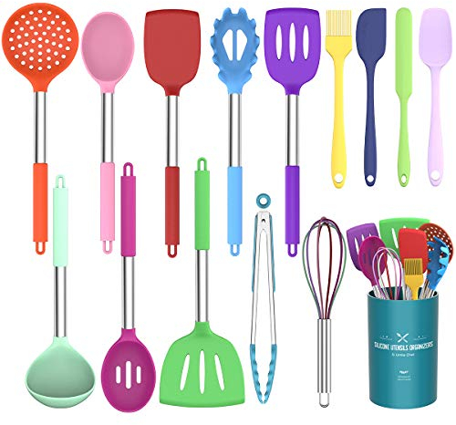 Umite Chef Kitchen Utensils Set, 15 Pieces Silicone Heat Resistant Non-Stick BPA Free Stainless Steel Handle Spatula Spoon Tongs Whisk Cookware