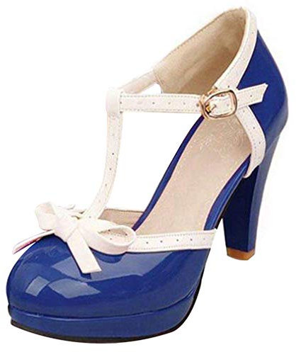 Lovouo Scarpe da donna Mary Jane in vernice con cinturino e fiocco, plateau e tacco quadrato di 9 cm, blu royal, 35 EU