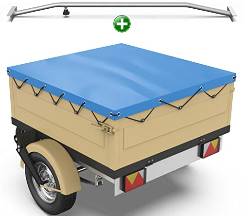 Tarpofix® Bâche pour remorque plate 130 x 105 x 7,5 cm + 1x arceau de bâche (réglable 100-145 cm) - Bache remorque PVC - Bâche de couverture pour diverses remorques de voitures de 350kg & 500kg FP DDR