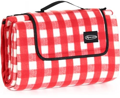 ACTIVE FOREVER Picnic Blanket Portable, 200x200CM Extra Large Waterproof Picnic Mats with Carrying Handle, Outdoor Rugs for Camping, Travel, Park, Beach, Garden, Family Gathering, Red White Plaid