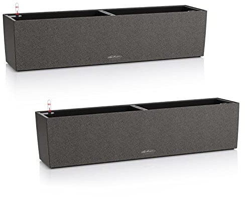 Lechuza 2er Set BALCONERA Stone 80 Selbstbewässernder Pflanzkübel aus Kunststoff für Innen und Außen | Blumentopf und Fensterkasten mit Ablaufloch | H19 L79 B19 cm | Graphitschwarz