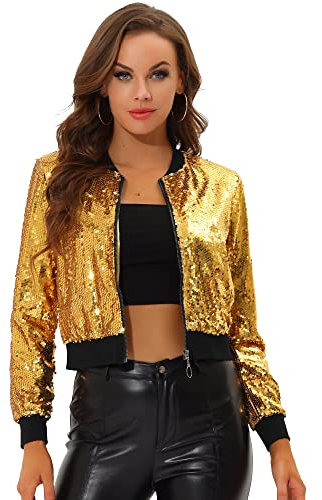 Allegra K Damen Bomberjacke Langarm Glitzer Pailletten Party Jacke Gelb M
