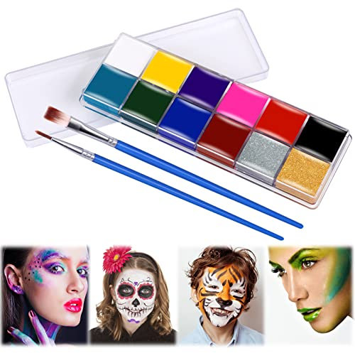 Visage Corps Peinture,Peinture Visage,Peinture Corporelle,Pour Halloween, Noël, Cadeau Parfait Pour Carnaval(12 Couleurs Body Painting, 2 Brosses)