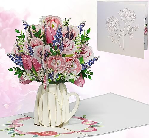 LINPOPUP® Pop-Up Karte Blumen, 3D Blumenkarte, Blumenstrauß Pop-Up, Grußkarte, Klappkarte, Muttertagskarte, Abschied, gute Besserung, Geburtstagskarte, Papier Blumen, N507