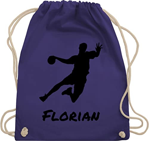 Turnbeutel Rucksack - Geschenke Handball Zubehör - Handballer Silhouette mit Name - Unisize - Lila - für handballtasche von persönlich beutel handballrucksäcke wm personalisiertes turnsack