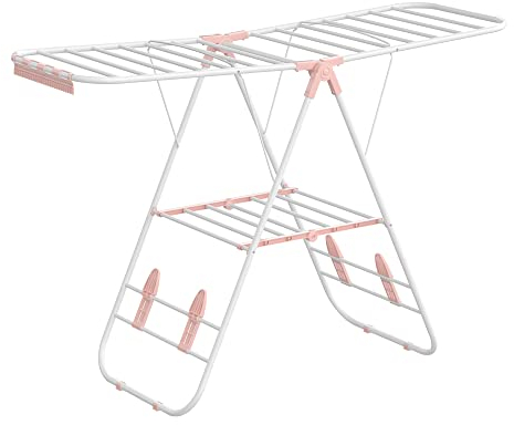 SONGMICS Wäscheständer, Standtrockner, Flügelwäscheständer, höhenverstellbare Flügel, freistehend, für Innen- und Außenbereich, Stahl, wolkenweiß-pastellrosa LLR502P01