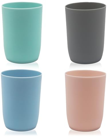 Plastic Cups Reusable Unbreakable Tumblers, Set of 4 Travel Mugs, Mouthwash Bathroom Cup Stackable, Plastic Water Cup 280ml for Adults Kids, Dishwasher & Microwave Safe (Multiple Colours)