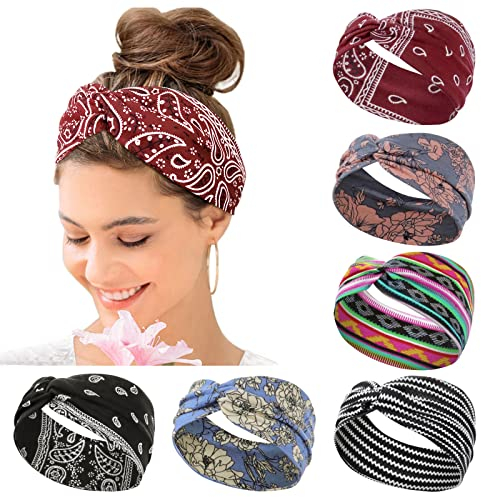 Haarbänder Damen Breite Elastische Weiche 6 Pcs Kavya Sommer Boho Stirnband Damen Print Haarschmuck Yoga Haarband Mehrfarbig Dünn Stirnbänder Haarschmuck Damen (E)