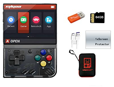 Miyoo Mini Plus Console di gioco portatile da 3,5 pollici, sistema classico, console per videogiochi retrò, portatile, ricaricabile, 64 G, con custodia, colore nero