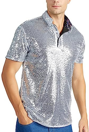 Herren Glitzer Kurzarm Oberteil Metallic T Shirt Roundhals Muskelshirt Unterhemd 70er 80er Jahre Kostüm Disco Hemd Party Outfit