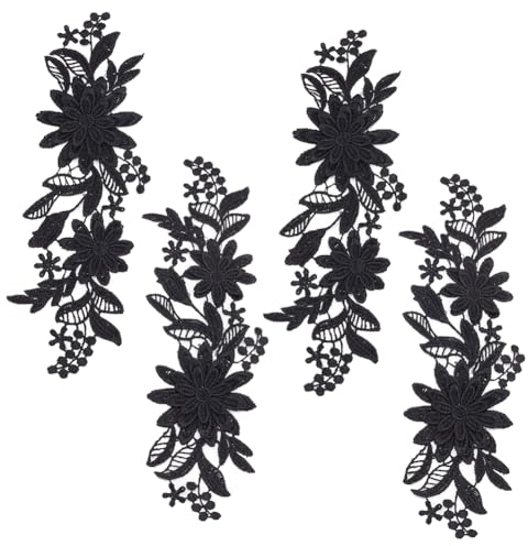 WEBEEDY 4 Stück 3D-Gestickte Blumen-Spitzen-Applikation Zum Aufnähen von Blumen-Stoffkragen-Applikationen Für DIY-Nähen, Hochzeitskleid Schuhe DIY-Patch Kleidungszubehör, Schwarz