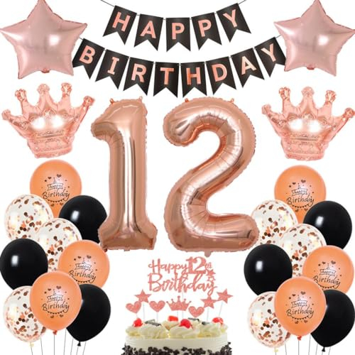 Palloncini Oro Rosa 12 anni Compleanno Ragazza, Palloncini 12 anni Oro Rosa Ragazza, Decorazioni 12 anni compleanno ragazza, 12 anni Palloncini compleanno Oro Rosa nero, Festa 12 anni Oro Rosa